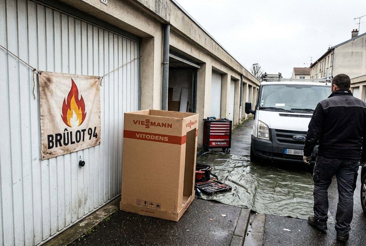 Banderole Brûlot 94 sur une porte de garage, carton Viessmann Vitodens