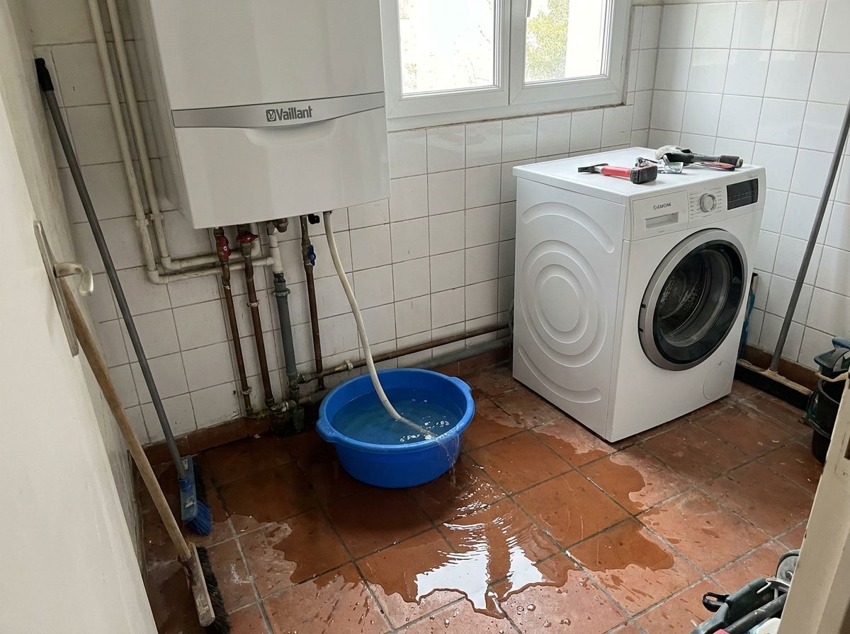 Avant : tuyau de condensats déboîté sous une chaudière Vaillant, bassine au sol