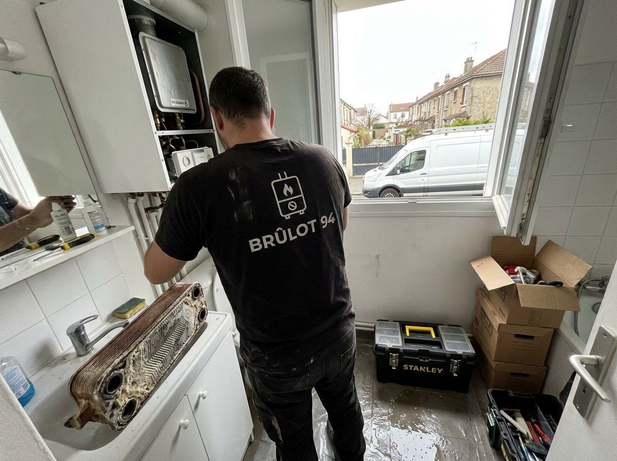 Technicien Brûlot 94 de dos nettoyant un échangeur à plaques dans un lavabo