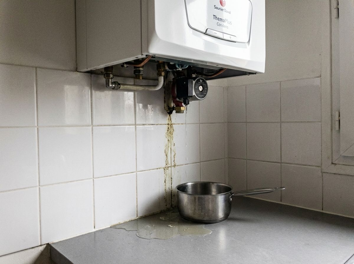 Avant : fuite sous une chaudière Saunier Duval, casserole sur le plan de travail