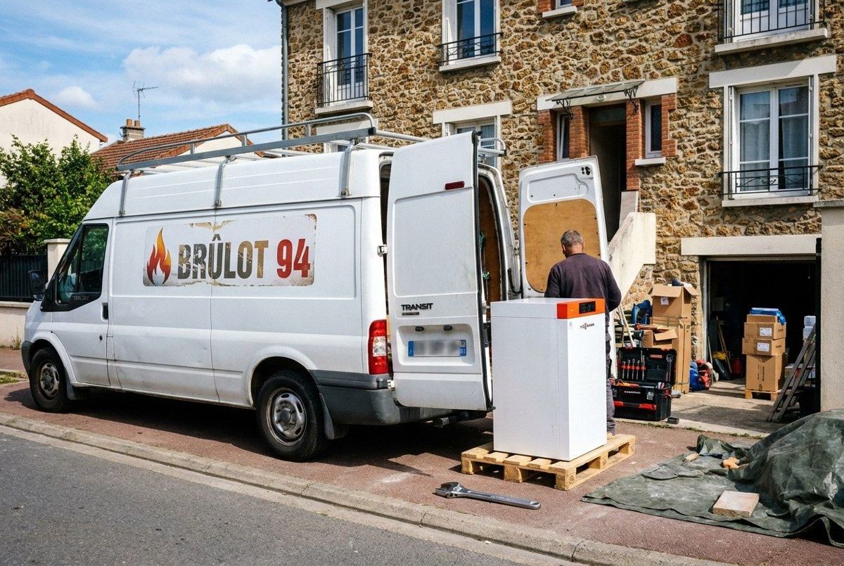 Utilitaire Brûlot 94 garé devant un immeuble en meulière, chaudière neuve sur palette