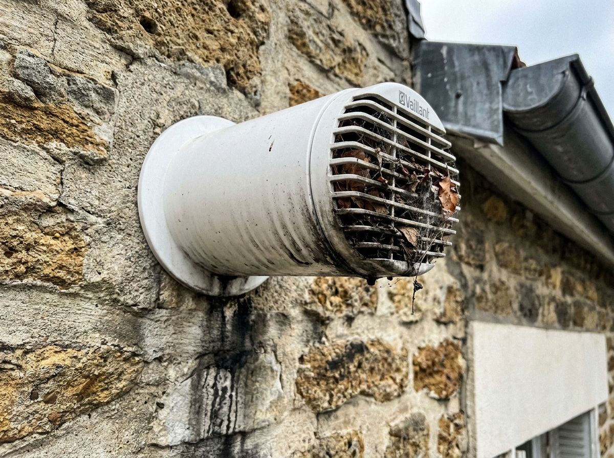 Avant : terminal de ventouse bouché par des feuilles sur une façade en meulière